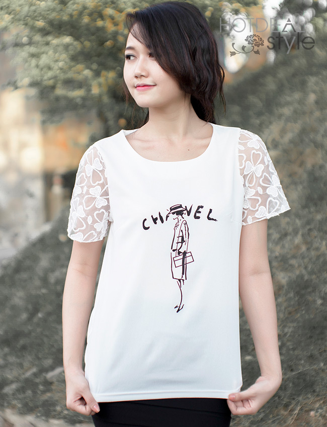 Áo Hoạ Tiết Chanel Tay Ren Hoa
