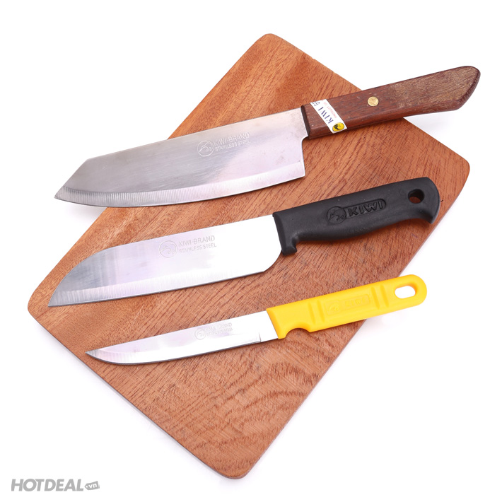 Combo Thớt Gỗ Tự Nhiên + 3 Dao Inox Sắc Bén