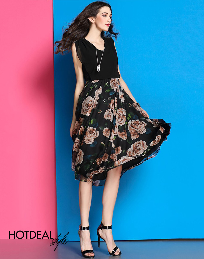Đầm hoa nhí dáng xòe nhẹ phối đăng ten KK163-10 | Thời trang công sở K&K  Fashion