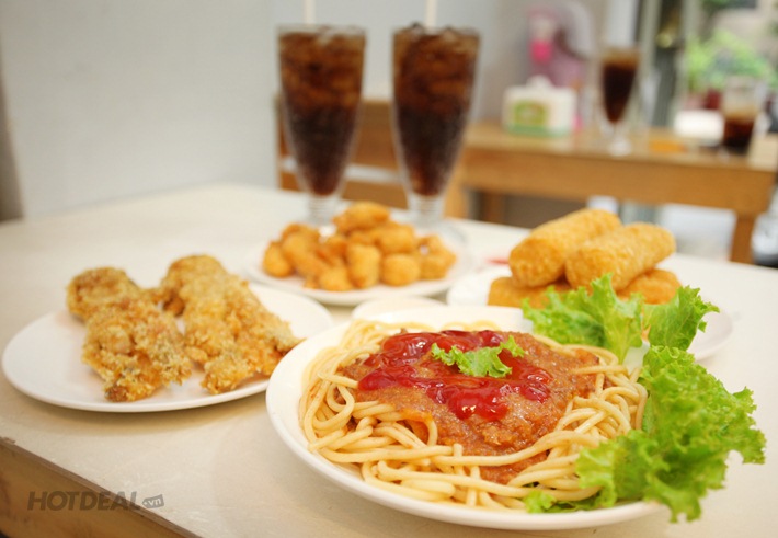 Ếch Rán Giòn + Gà Giòn Popcorn + 2 Phô Mai Que + Mì Ý + 2 Coca