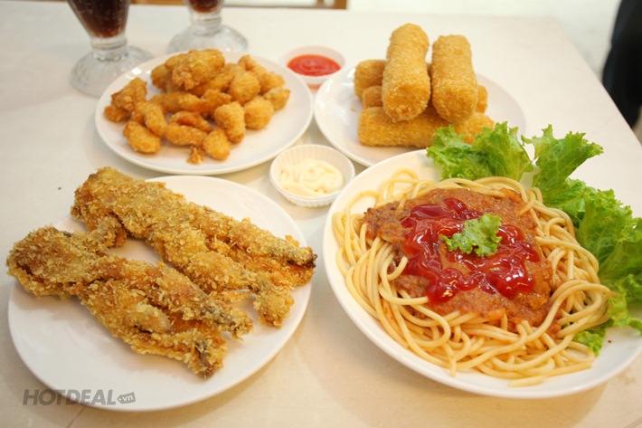 Ếch Rán Giòn + Gà Giòn Popcorn + 2 Phô Mai Que + Mì Ý + 2 Coca