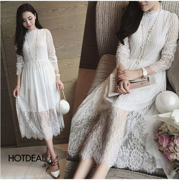 Đầm ren cổ vest cao cấp màu trắng thanh lịch | Đầm ren đẹp